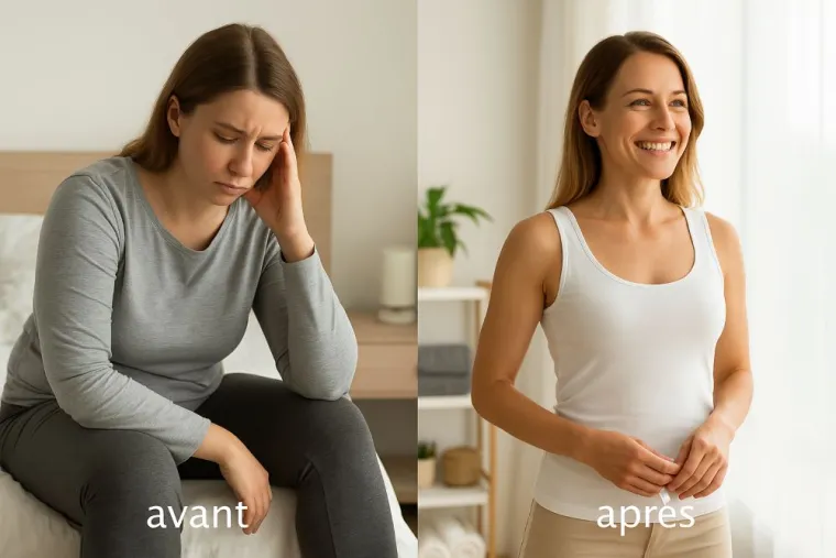 Parce que tout ne peut pas se dire avec des mots, voici une image symbolique d’un "avant/après" émotionnel et corporel : à gauche, un corps figé, abîmé par les tensions, la fatigue, la culpabilité… à droite, un corps vivant, allégé, reconnecté à sa joie, à sa force naturelle.